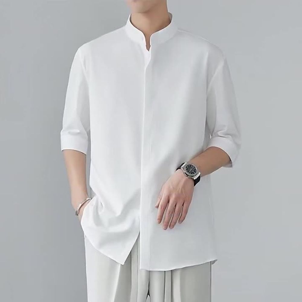 Men's Ice Silk Short Sleeve Shirt with Stand Collar
